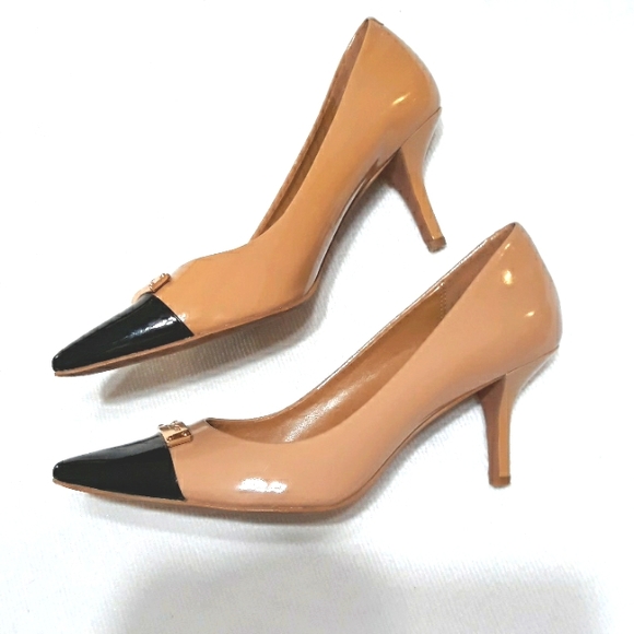Coach Shoes - Coach Zan size 7.5 black and tan patent leather pointed toe heels